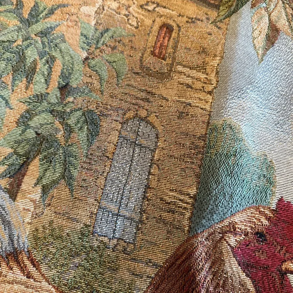 Tapestry w/ Fancy Rod Roosters & Hen French Country Wall Hanging Farmhouse